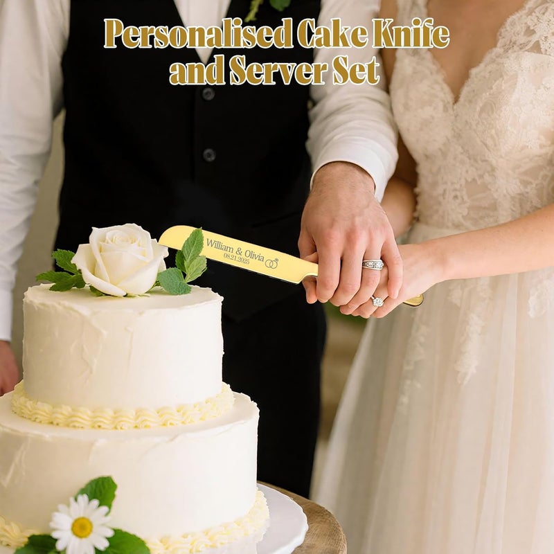 HJX Personalized 4 Piece Cake Cutting Set for Wedding - Custom Cake Knife and Server Set with Forks, Cake Cutter Set Ideal for Wedding Anniversary Bridal Gifts (Gold) - Image 2